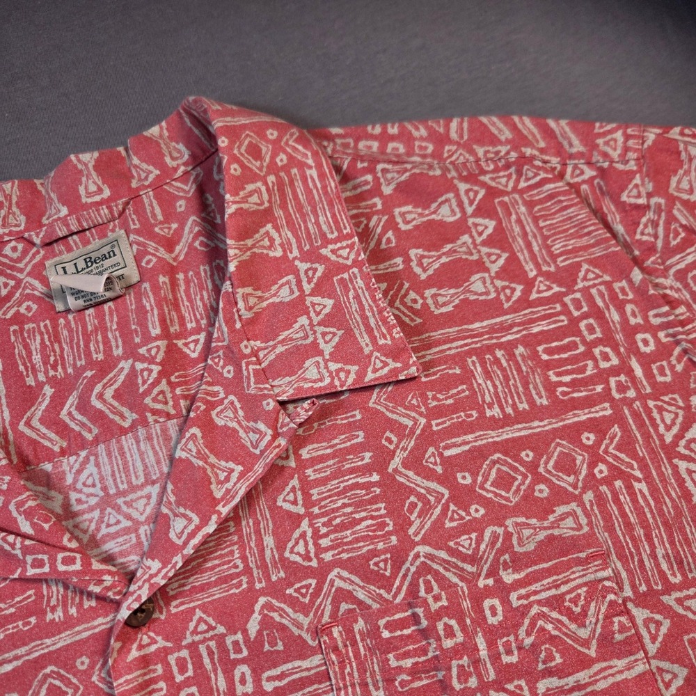 LL Bean Mens XXXL Tall Red Geometric Tribal Print Cotton Button Down Shirt